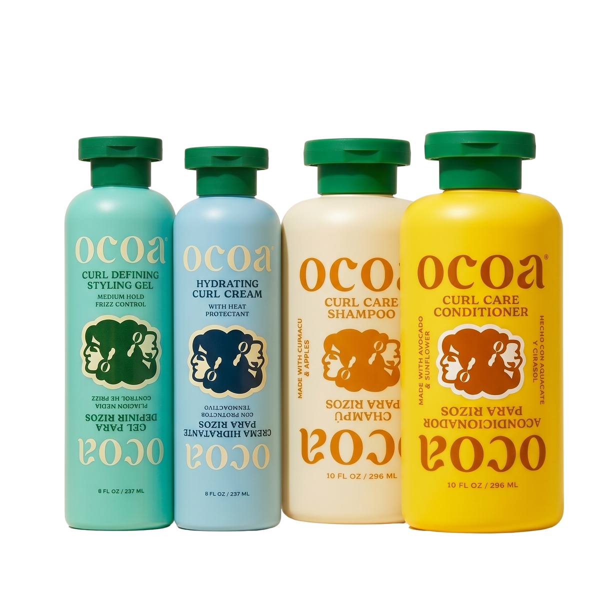 Ocoa Styling Gel, Hydrating Curl Cream, Curl Care Shampoo and Curl Care Conditioner bottles